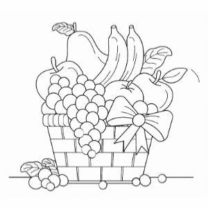 ציור בשחור לבן של סלסלת פירות עם בננות תפוחים ענבים ואגס מתאים לפעילות יצירה לילדים בכל הגילאים באתר דפי צביעה להדפסה