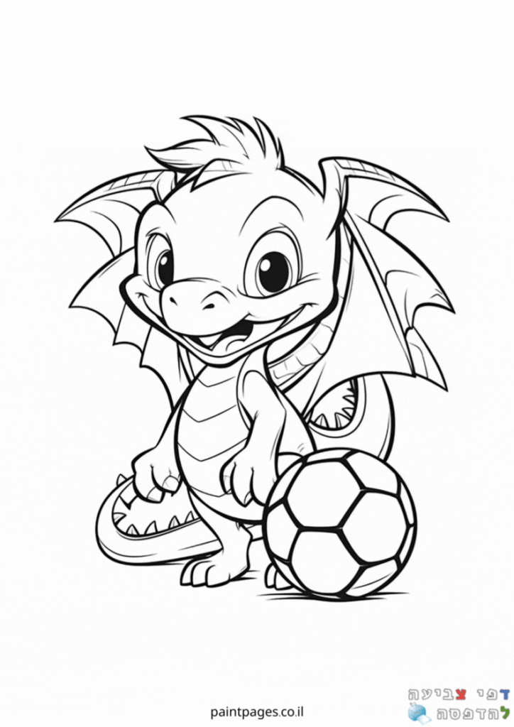 דרקון קטן עם כדור כדורגל לצביעה
