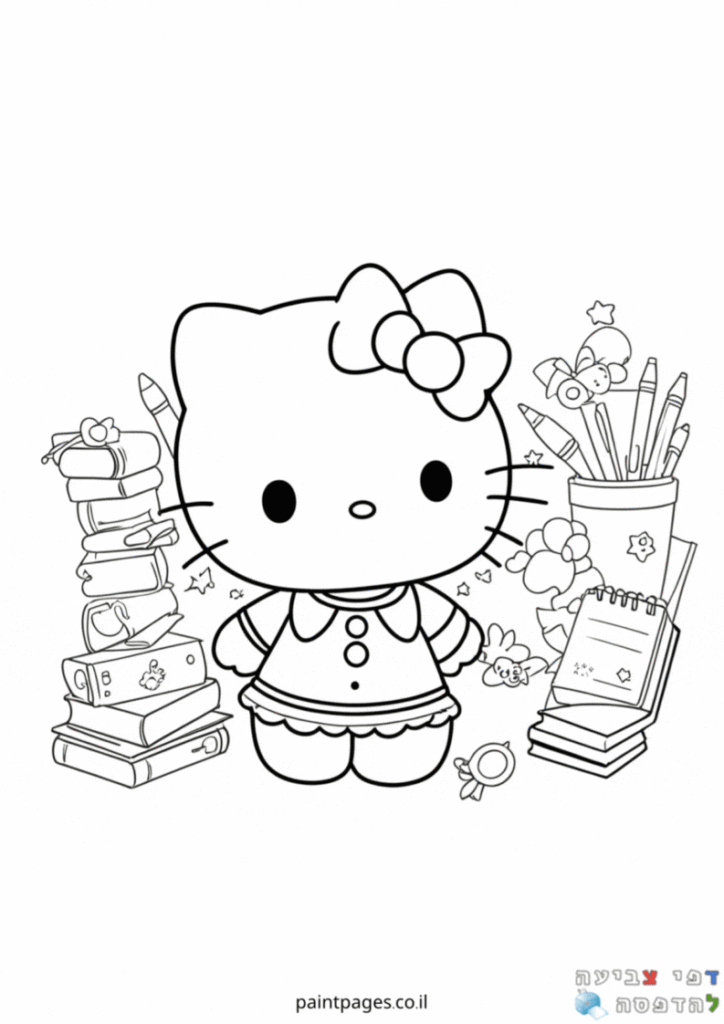 הלו קיטי עם כלי כתיבה לצביעה