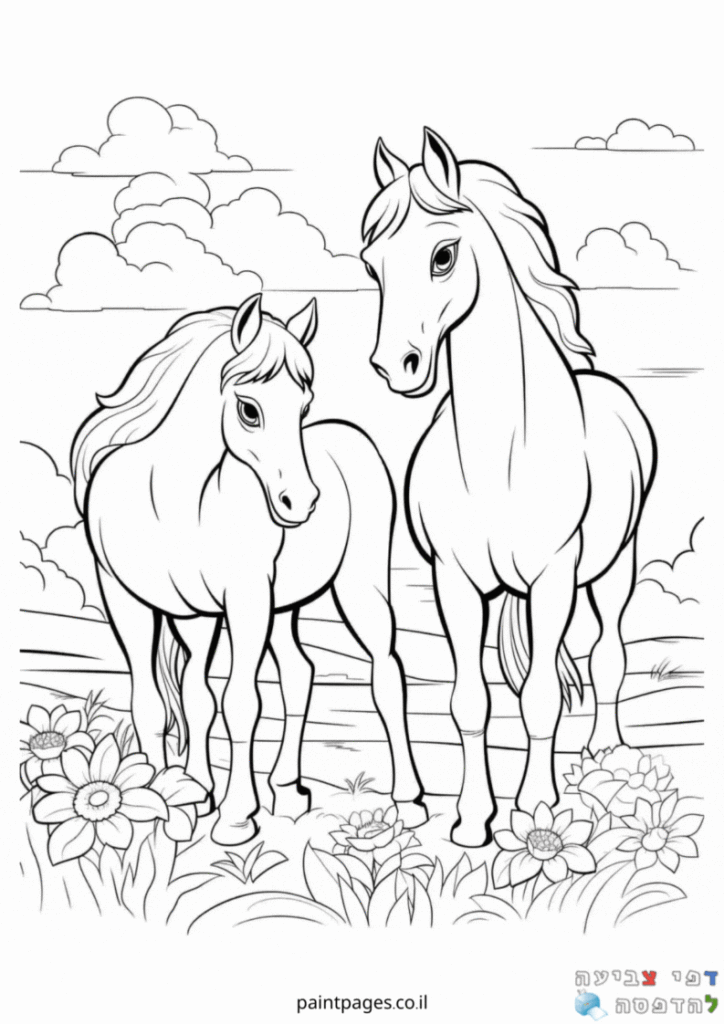 זוג סוסים בשדה פרחים לצביעה