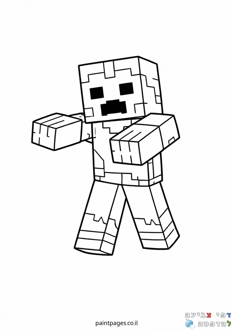 דף צביעה לילדים עם דמות בלוקית בהשראת משחק פופולרי שחור לבן לפעילות יצירה מהנה ואומנות להדפסה אישית באתר דפי צביעה.