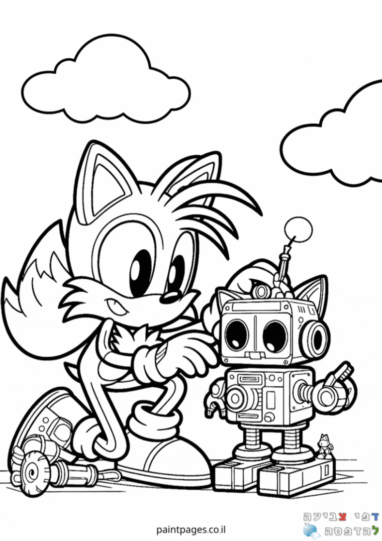 דמות מצוירת משחקת עם רובוט קטן תחת עננים דפי צביעה לילדים להדפסה ועיצוב פעילות יצירה מהנה ואיכותית לגיל הרך ולאוהבי ציורים שחור לבן