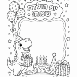 דף צביעה ליום הולדת עם דינוזאור מחזיק מתנה עוגה עם נרות בלונים ודגלים מתאים לילדים שאוהבים יצירה וצביעה להדפסה אתר יצירה לילדים