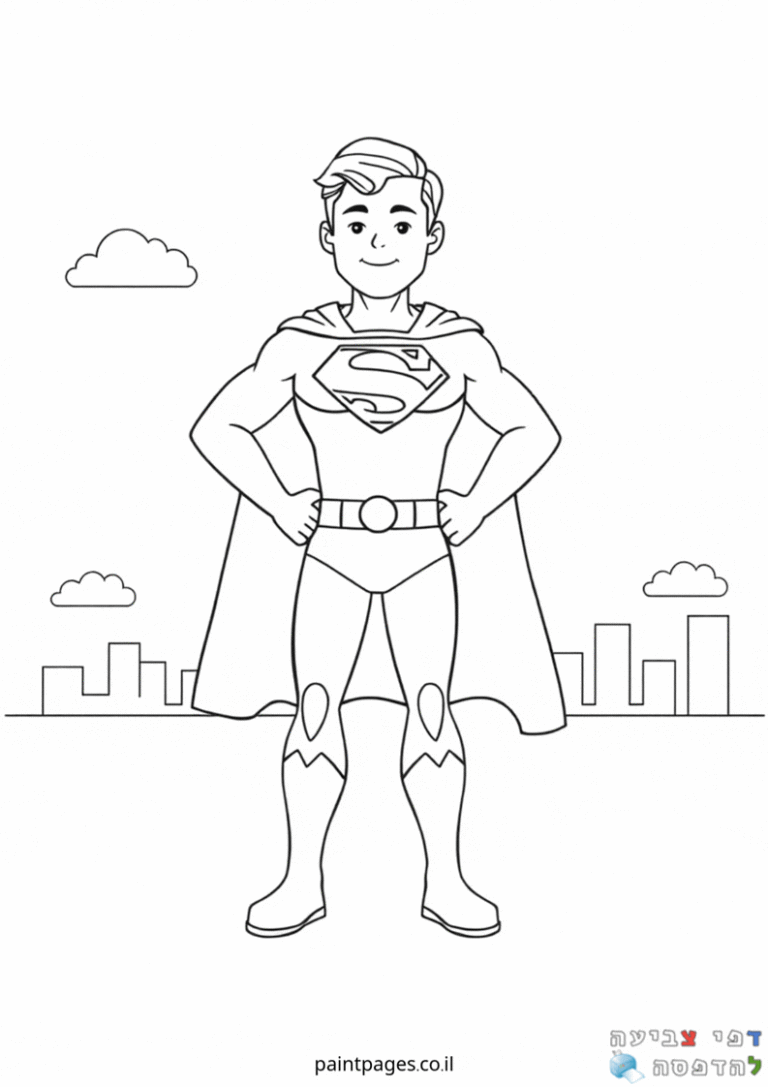 דף צביעה של גיבור על עם גלימה ונוף עירוני ברקע לילדים שאוהבים יצירה וצביעה דפי צביעה מקוריים להדפסה פעילות יצירתית לגיל הרך