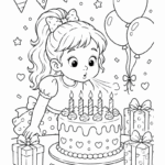 ילדה חוגגת יום הולדת עם עוגת יומולדת, נרות, בלונים ומתנות. דף צביעה להדפסה לילדים שאוהבים יצירה ופעילות מהנה.