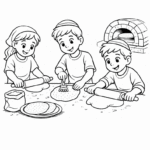 ילדים מכינים פיתות בתנור חום עם מערוך בציור שחור לבן דפי צביעה לילדים פעילות יצירה מושלמת להדפסה ודמיון באתר ישראלי אלף בית.
