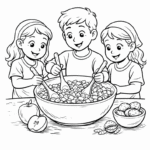 דף צביעה לילדים עם שלושה ילדים מערבבים סלט בקערה גדולה עם כפות. מתאים לפעילות יצירה. דפי צביעה מקוריים מהנים להדפסה צביעה ויצירה.