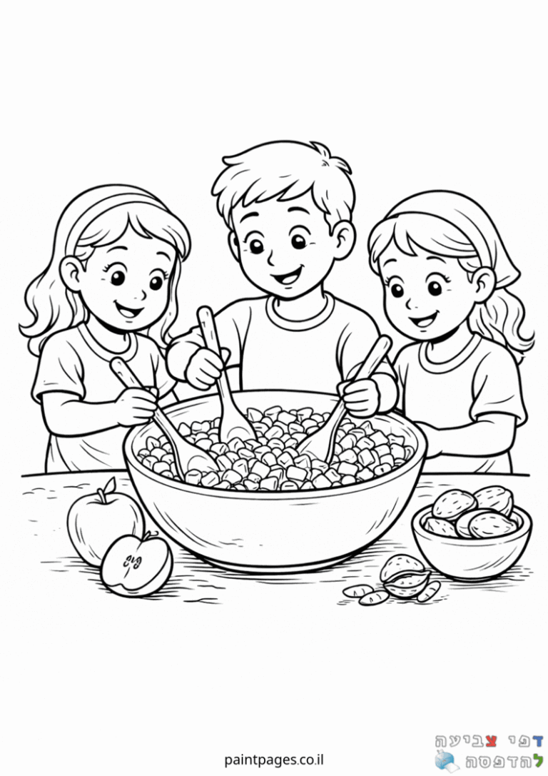דף צביעה לילדים עם שלושה ילדים מערבבים סלט בקערה גדולה עם כפות. מתאים לפעילות יצירה. דפי צביעה מקוריים מהנים להדפסה צביעה ויצירה.