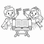 ילדים עם כתר מרעישים ברעשן ליד מגילת אסתר פתוחה דפי צביעה לפורים יצירה וצביעה לילדים פעילות יצירתית מהנה להדפסה חינמי