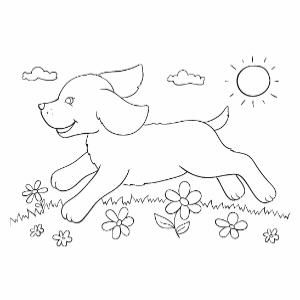 ציור שחור לבן להדפסה של גור כלב קופץ בדשא עם פרחים שמש ושמים עם עננים מתאים לילדים שאוהבים צביעה ופעילות יצירה