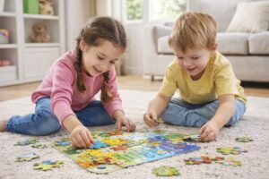 ילדים משחקים פאזל צבעוני בסלון ומתמקדים בהרכבה יצירתית. פעילות יצירה מהנה לילדים התורמת לפיתוח כישורים ודמיונם. דפי צביעה לילדים