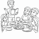 ילדים מסובים לשולחן פסח, קוראים מתוך ההגדה. דף צביעה חינוכי ליצירה על חג הפסח, ילדים, יצירה ופעילות דפי צביעה להדפסה.