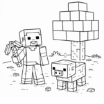 דף צביעה מיינקראפט עם דמות ועץ בלוקים ליד חזיר פיקסלים פעילות יצירה לילדים משחק בניה וצביעה דפי צביעה להדפסה חינם