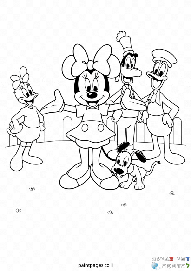 דמות מצוירת עומדת במרכז מוקפת בחברים בפארק דף צביעה לילדים שאוהבים ציורים מקוריים מתאים לפעילות יצירה והדפסה בבית