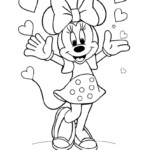 דמות מצוירת עם קשת בשיער מוקפת לבבות דף צביעה לילדים חובבי יצירה וצביעה מתאים להדפסה פעילות כיפית ומהנה זמינה באתר דפי צביעה מקוריים