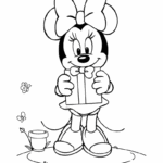 דמות עם קשת ושמלה מחזיקה מתנה בפרחי גינה. דף צביעה לילדים אוהבי פעילות יצירה וצביעה במוטיב יום הולדת. להדפסה ושימוש בחינם