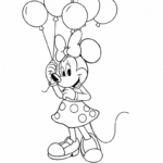 דמות עכברה עם שמלה מנוקדת אוחזת בלונים להדפסה וצביעה גוון שחור לבן דפי צביעה לילדים יצירה וכיף פעילות יצירתית מהנה לילדים שאוהבים לצבוע