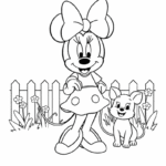 דף צביעה לילדים עם דמות מצוירת עם סרט על הראש ליד כלב חמוד ליד גדר פרחונית מתאים להדפסה ויצירה לבית הספר או לפעילות יצירה נוספת