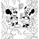 דמויות מצוירות בג'ונגל עם פרחים ודמות קטנה בחבלים עלים דפי צביעה לילדים יצירה חינוכית כיף ציור והדפסה.