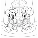 דמויות מצוירות יושבות ליד שולחן עם משקאות ועוגיות בצביעה לילדים. דפי צביעה לילדים עם ציורים בשחור לבן לפעילות יצירה מהנה.