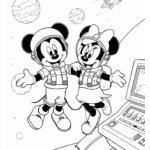 ילדים בחליפות אסטרונאוטים מרחפים בחלל עם כוכבים חללית לידם מתאים לדפי צביעה לילדים שאוהבים יצירה וצביעה חווייתית STEM