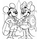 דמויות גיבורי על חמודות עם אוזני עכבר ודגל ברקע עיר. דפי צביעה לילדים. פעילות יצירה מהנה לקטנטנים. הידפסה חינם להנאת ילדים יצירתיים.