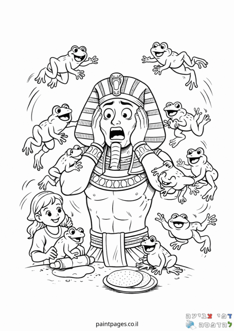 ילדים ופרעה עם צפרדעים קופצות ושמחים סביבה דף צביעה לילדים בנושא פרעה ציור מקורי להדפסה חינם פעילות יצירה לילדים שאוהבים צביעה