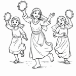 ילדות עם תופים רוקדות בשמחה דפי צביעה לילדים פעילות יצירה מהנה הדפסה ציורים בשחור לבן מתאים לילדים שאוהבים יצירה וצביעה