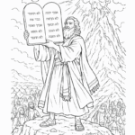 דף צביעה לילדים עם דמות ביבלי מחזיקה לוחות הברית על רקע הר סיני וברקים ציור בשחור לבן לפעילות יצירה וצביעה חינוכית מהנה