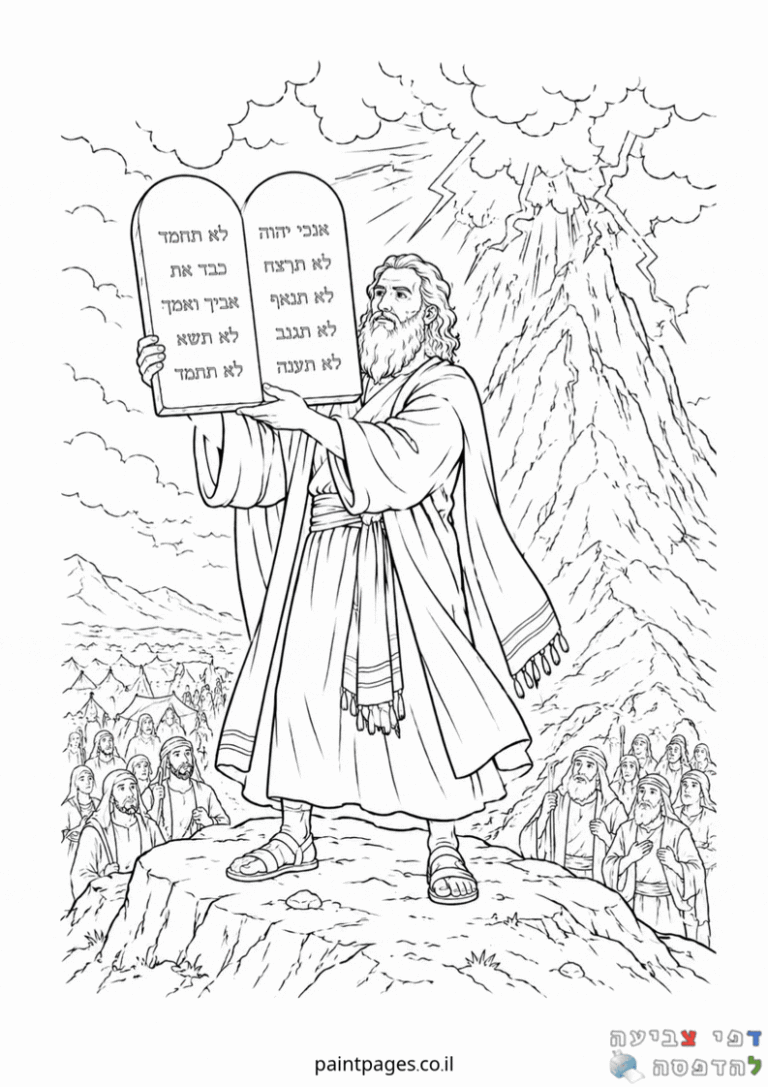 דף צביעה לילדים עם דמות ביבלי מחזיקה לוחות הברית על רקע הר סיני וברקים ציור בשחור לבן לפעילות יצירה וצביעה חינוכית מהנה