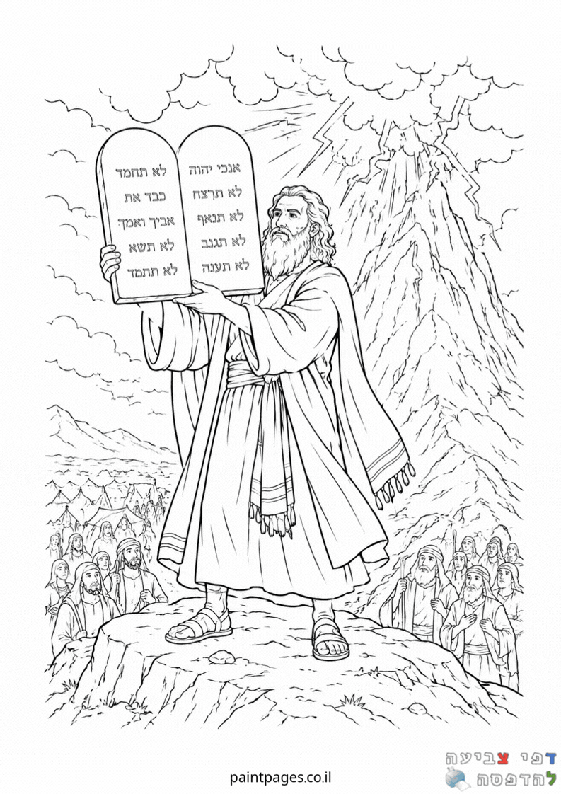 דף צביעה לילדים עם דמות ביבלי מחזיקה לוחות הברית על רקע הר סיני וברקים ציור בשחור לבן לפעילות יצירה וצביעה חינוכית מהנה