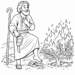 ילד יושב ליד שיח בוער בסצנה תנכית דפי צביעה לילדים פעילות יצירה חווייתית עם אלמנטים היסטוריים להדפסה ולהנאה במקוריות