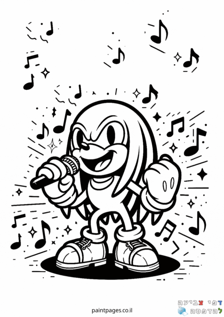 דף צביעה שחור לבן של דמות מצוירת שרה עם מיקרופון מוקפת בתווים מוזיקליים מתאים לילדים שאוהבים יצירה וצביעה מהנה