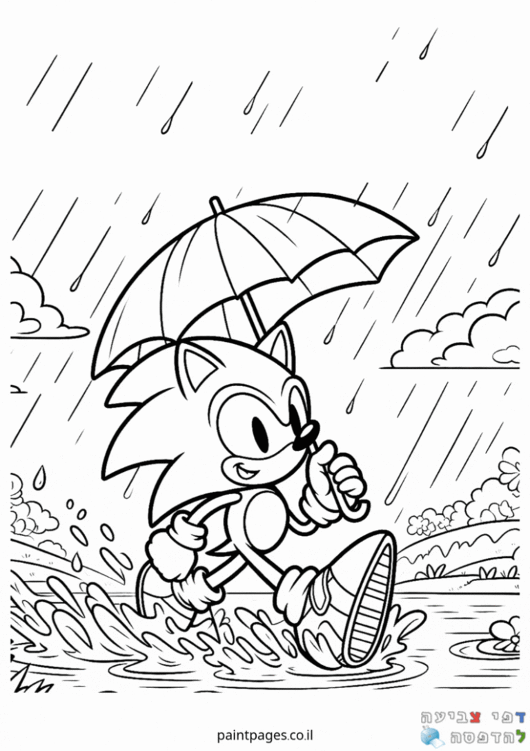 דף צביעה לילדים עם דמות קופצת בגשם מחזיקה מטריה מתאימה לפעילות יצירתית וצביעה כיף לילדים ולחובבי יצירות דפי צביעה להדפסה