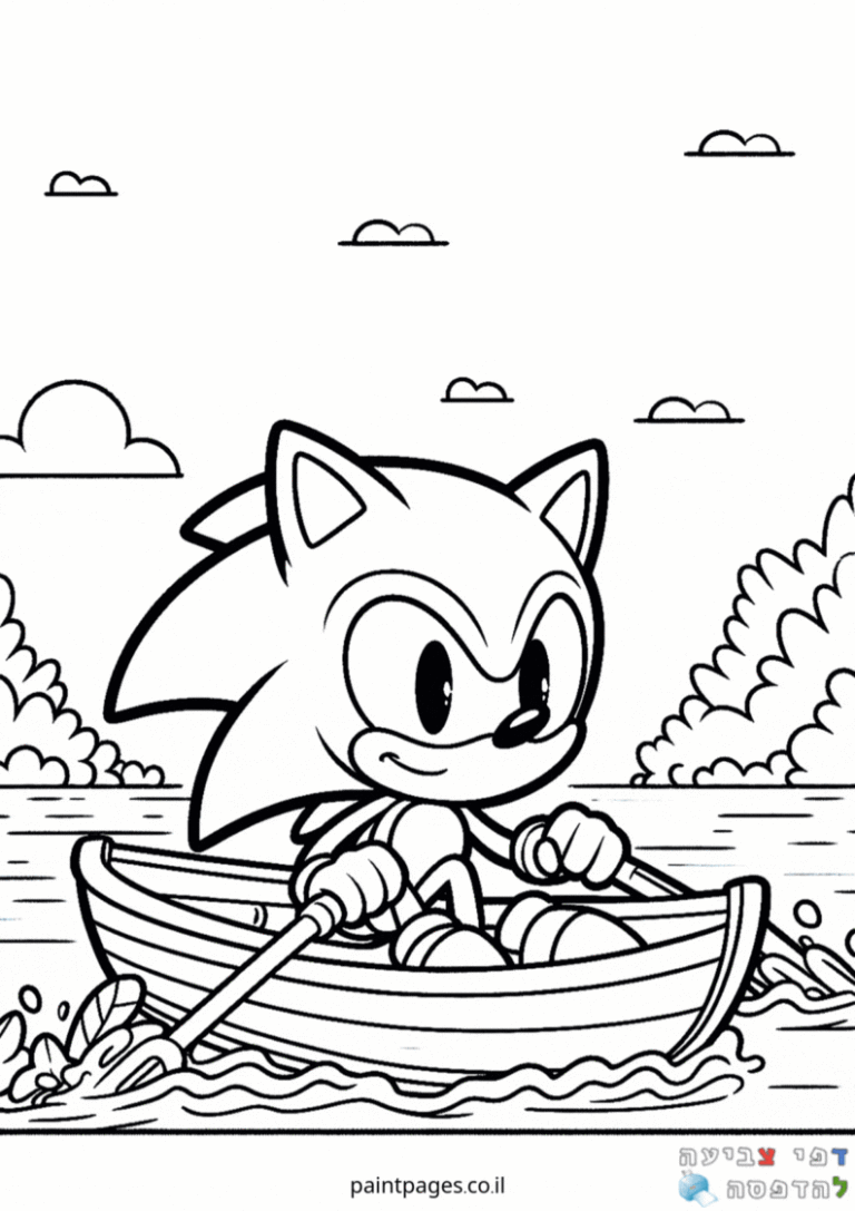 דף צביעה לילדים דמות חמודה שטה בסירה הנעה במים עם משוטים מתאימה לילדים שאוהבים יצירה ופעילות צביעה הרפתקנית מהנה בחוץ