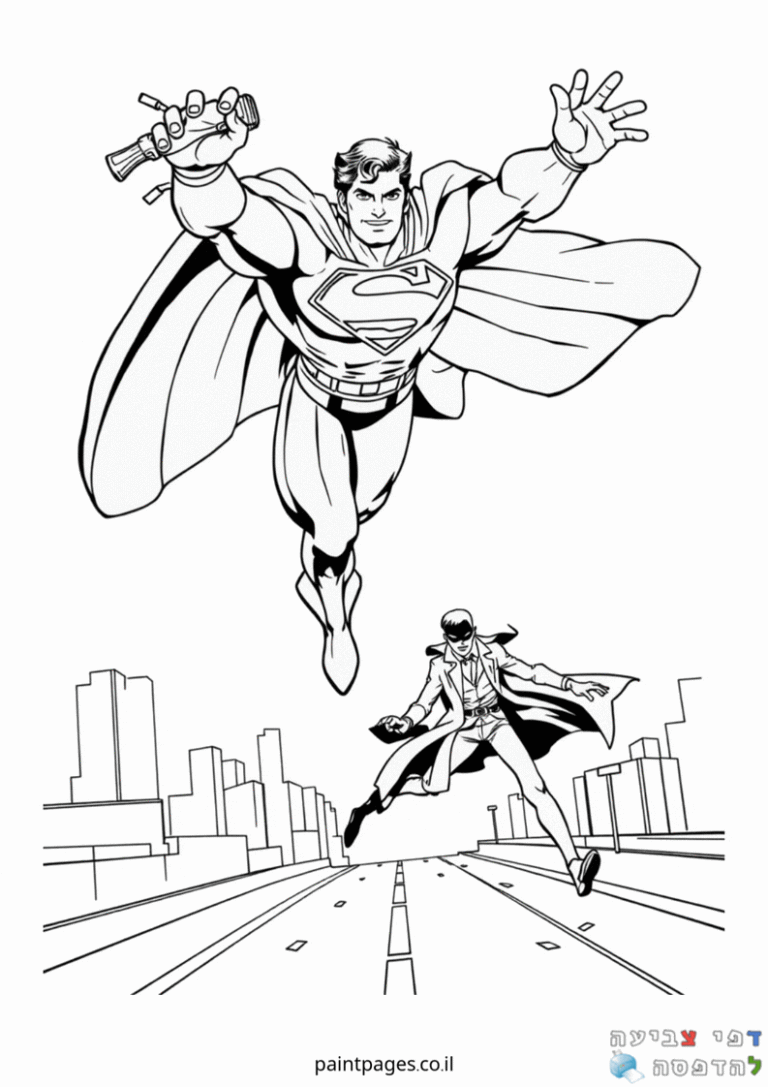 דף צביעה להדפסה גיבורי על מעופפים מעל עיר מתאימים לילדים שאוהבים יצירה ציורים בשחור לבן דפי צביעה לילדים הרפתקאות יצירתיות