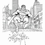 דף צביעה לילדים גיבור על נוחת ברחוב עירוני מתאים לפעילות יצירה וצביעה מקורית בבית או בכיתה מפתח דמיון והנאה חינוכית