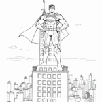 דף צביעה לילדים איש על בניין גדול בעיר עם גלימה עומד בחזית נוף עירוני מיועד לפעילויות יצירה וצביעה פורסם באתר דפי צביעה להדפסה