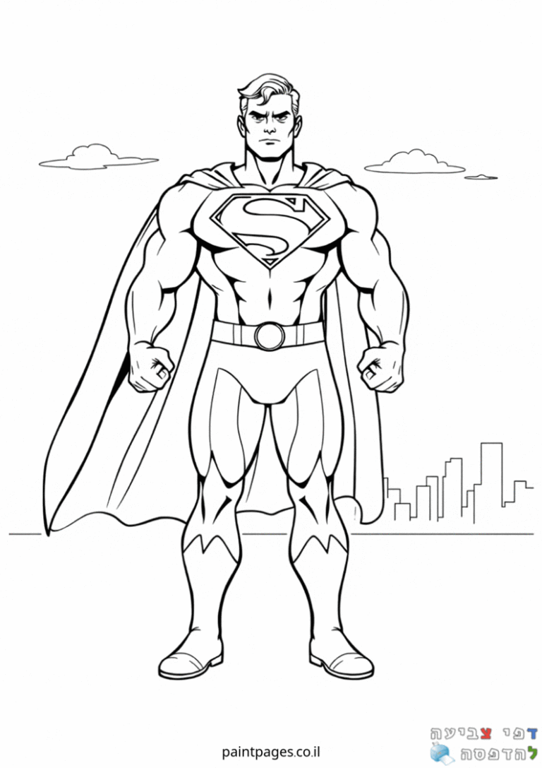 דף צביעה של גיבור על עם גלימה בעיר ברקע מתאים לילדים שאוהבים ציורים בשחור לבן פעילות יצירה יצירתית והדפסה איכותית