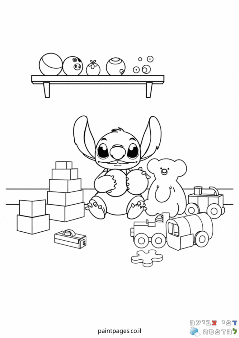 דף צביעה לילדים עם דמות מצוירת וצעצועים בחדר משחקים דפי צביעה מקוריים להדפסה לילדים שאוהבים יצירה וצביעה פעילות מהנה לפיתוח הדמיון