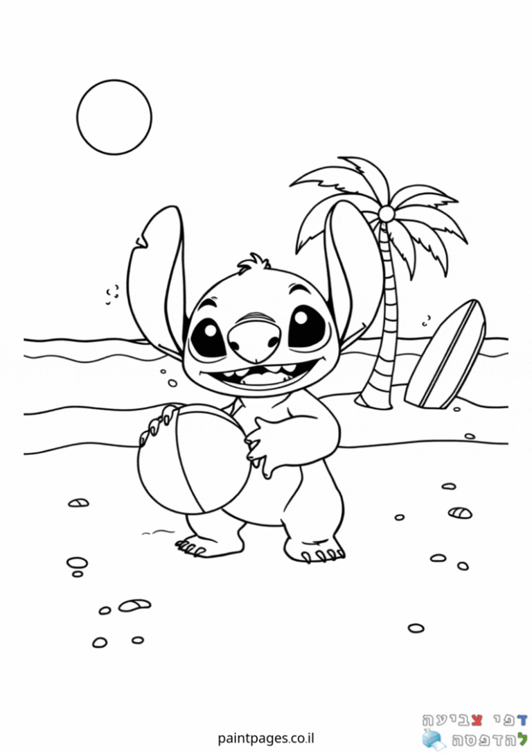 ילד חביב משחק בכדור על חוף עם עץ דקל וגולש בגלים דפי צביעה לילדים יצירה וצביעה פעילות מהנה דמויות מצוירות חוף ים