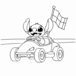דף צביעה לילדים דמות חייזר חמוד נוהגת במכונית מרוץ עם דגל שחמט לחובבי מכוניות וספורט אתר דפי צביעה להדפסה יצירה וצביעה