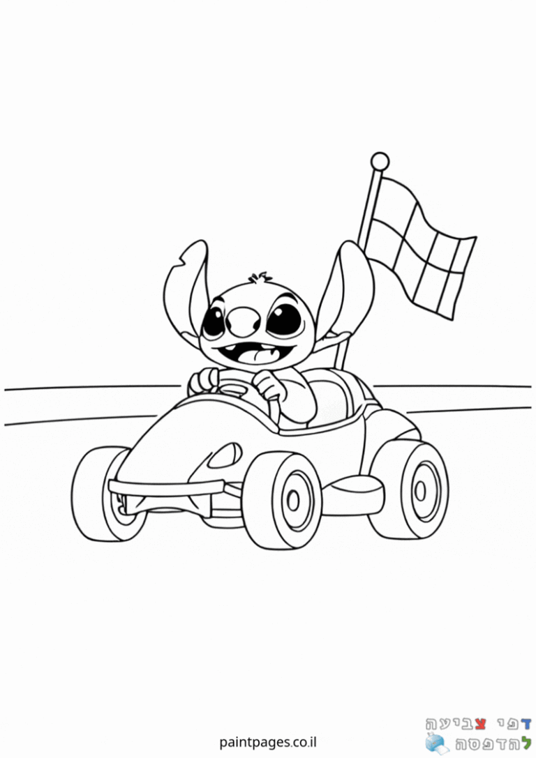 דף צביעה לילדים דמות חייזר חמוד נוהגת במכונית מרוץ עם דגל שחמט לחובבי מכוניות וספורט אתר דפי צביעה להדפסה יצירה וצביעה