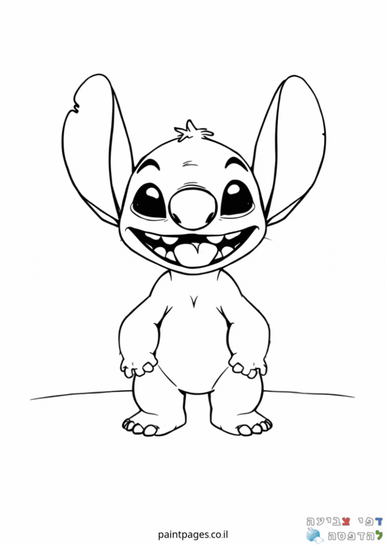 דף צביעה לילדים עם דמות מצוירת חמודה באוזניים גדולות ושיניים מציצות לחיוך שמח ציור בשחור לבן מתאים לפעילות יצירה וצביעה מהנה