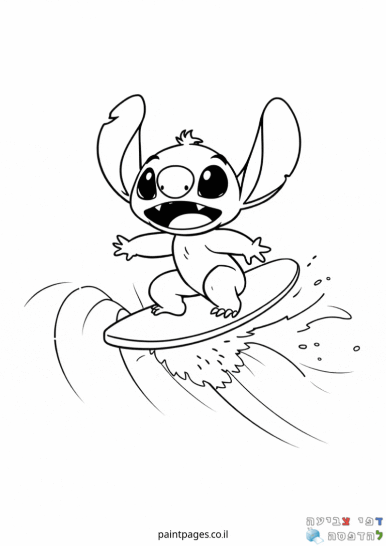 דף צביעה של דמות חמודה גולשת על גל. פעילויות יצירה לילדים שאוהבים לצבוע ולהדפיס. ציור בשחור לבן להורדה קלה ומהירה.