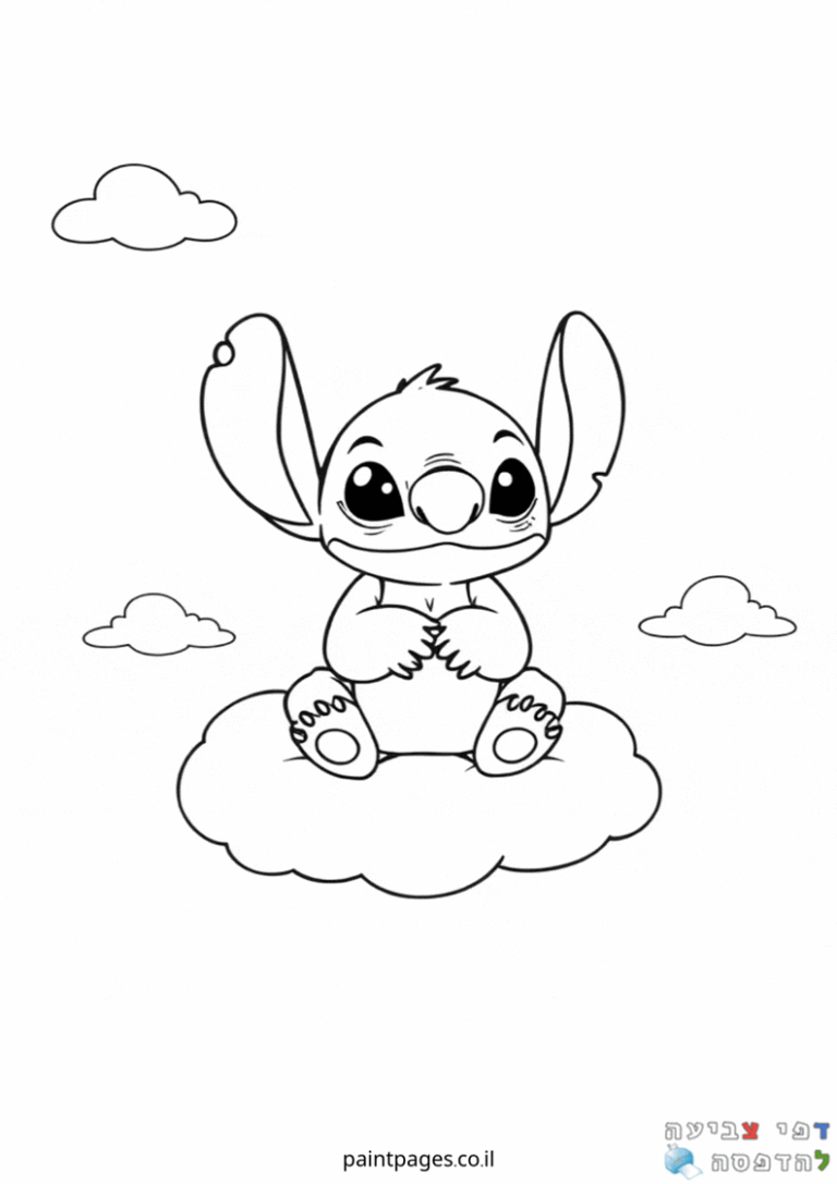 דף צביעה עם דמות חמודה יושבת על ענן מוקפת בעננים קטנים מתאים לילדים שאוהבים פעילות יצירה וצביעה דפי צביעה לילדים ציורים בשחור לבן