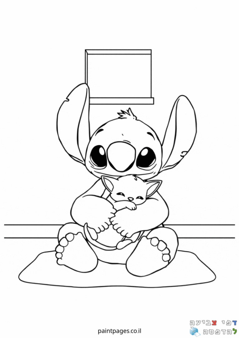 דמות מצוירת מחבקת חתול קטן דפי צביעה לילדים חובבי יצירה וצביעה מתאימים להדפסה והנאה בפעילות אומנותית מהנה בבית או בחוץ
