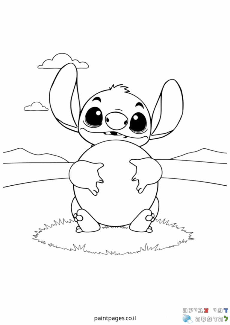 דף צביעה לילדים עם דמות חמודה מחזיקה בבטן שמן נוף הרים ועננים רקע מושלם לפעילות יצירה וצביעה לילדים שאוהבים להדפיס ולצבוע