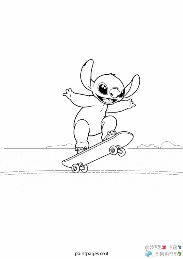 דמות מצוירת על סקייטבורד בדף צביעה לילדים. האתר מיועד לילדים שאוהבים ציור ופעילות יצירה. דפי צביעה מהנים להדפסה.