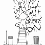 ילדון עם אוזניים גדולות מצייר גרפיטי על קיר עם תרסיס צבע. דף צביעה לילדים יצירה ופעילות. מתאים לאוהבי ציור והדפסה חינוכית.